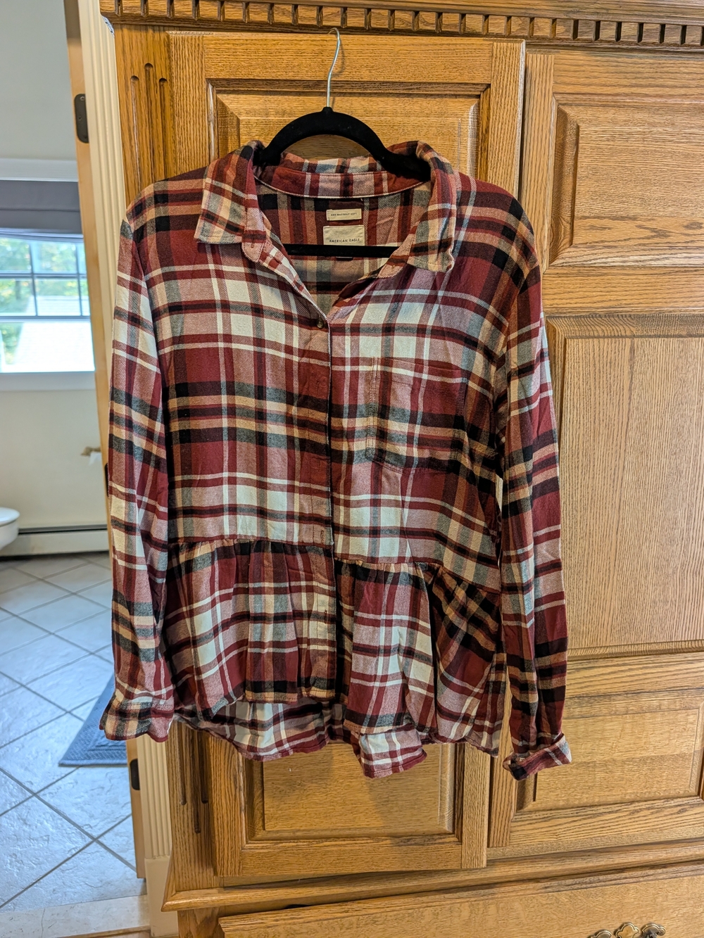 American Eagle Women's Red Plaid Peplum Button-Up Shirt